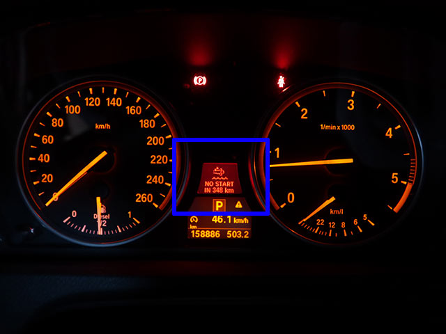 BMW X5 E70 メーター NO START IN 348 km 警告表示