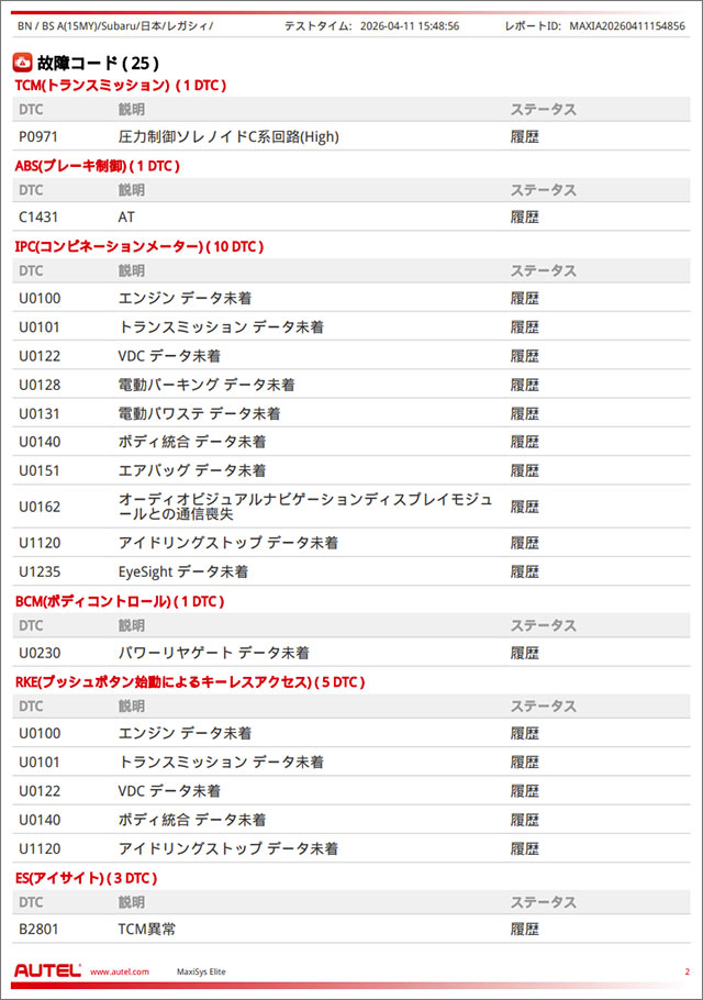 Autel診断機 故障コード一覧 P0971 圧力制御ソレノイドC系回路