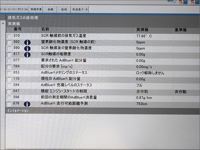 排気ガス後処理 実測値画面